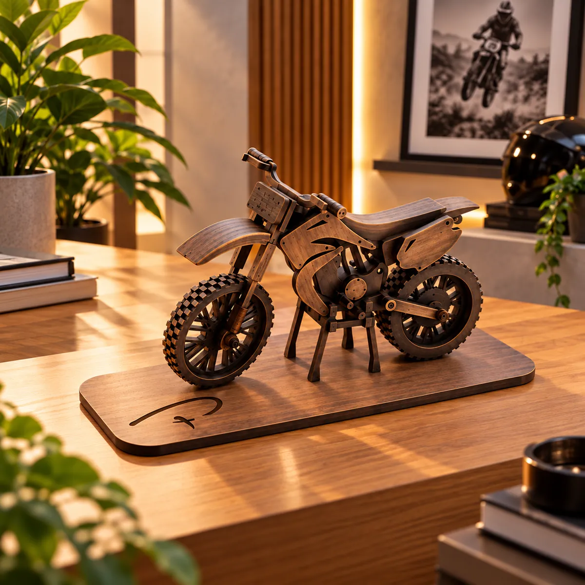 Moto em MDF sobre base com o P da Perli gravado